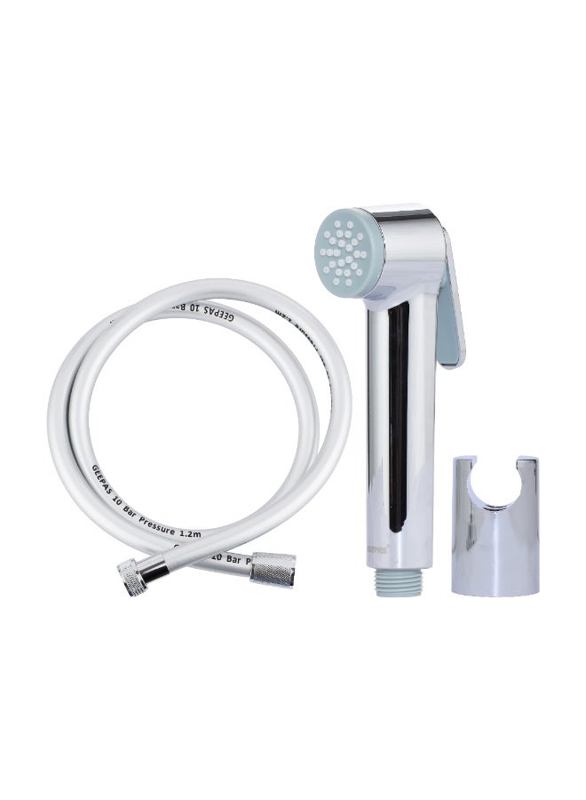 جيباس طقم شطاف ريو – مادة ABS مطلية بالكروم | خرطوم PVC بطول 1.2 متر | نطاق ضغط مياه مناسب من 0.2 إلى 0.4 ميجا باسكال | يتحمل درجات حرارة من 0 إلى 80 درجة مئوية | مناسب للحمامات المنزلية والفنادق | GSW61233 – فضي - Image 1